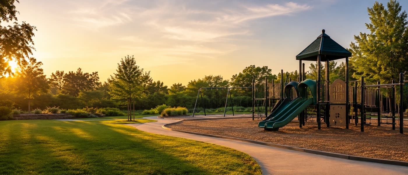 Playground at golden hour with slides and swings